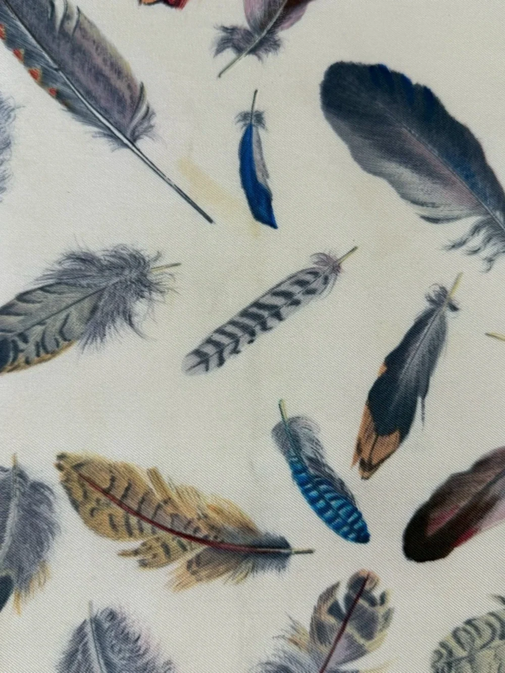 Hermes Multicolor Feather Print Silk Scarf - Blue Trim